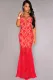 Red Lace Nude Illusion Crisscross Back Evening Dress