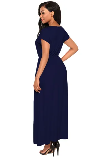 Navy Blue Crisscross V Neck Short Sleeve Maxi Jersey Dress