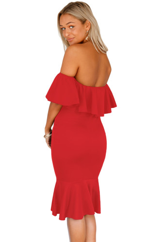 Red Ruffle Off Shoulder Mermaid Midi Party Dress