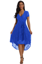Royal Blue Wrap and Tie Lace Hi-lo Midi Dress