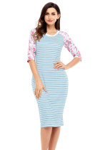 Blue White Stripe Floral Sleeve Midi Dress
