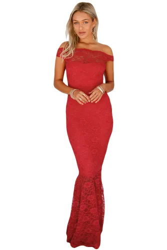 Red Bardot Lace Fishtail Maxi Dress