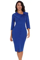 Dark Blue 3/4 Sleeve Button Detail Bodycon Midi Dress
