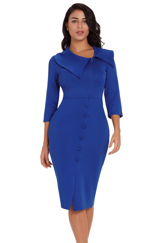 Dark Blue 3/4 Sleeve Button Detail Bodycon Midi Dress