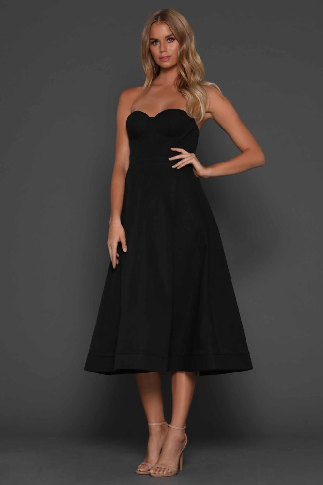 Black Sexy Cupped Strapless Midi Dress