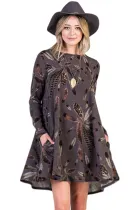 Coffee Feather Graphic Pocket Tunic Dress