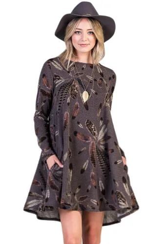 Coffee Feather Graphic Pocket Tunic Dress