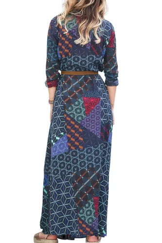 Navy Green Boho Print Belted Maxi Shirt Dress