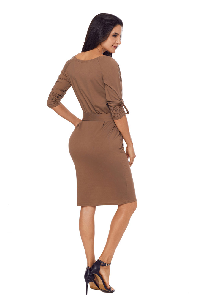 Olive Roll-tab Long Sleeve Tie Waist Midi Dress