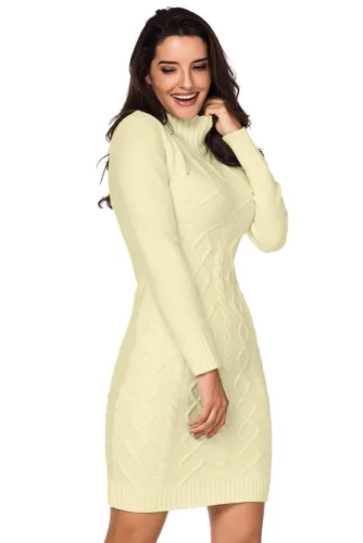 Apricot Cable Knit High Neck Sweater Dress