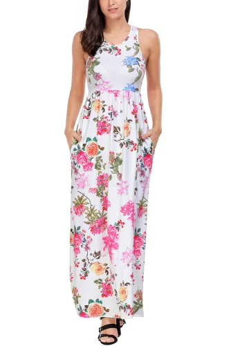 Light Mint Floral Print Sleeveless Long Boho Dress
