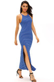 Blue White Stripes Maxi Dress with Side Slit