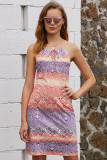 Purple Orange Bicolor Bohemian Print Keyhole Front Dress