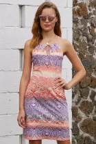 Purple Orange Bicolor Bohemian Print Keyhole Front Dress
