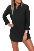 Black Button Neck Long Sleeve Shirt Dress