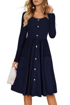Navy Casual Buttoned Long Sleeve Swing Dress