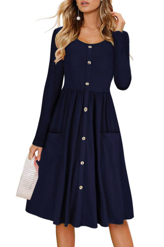 Navy Casual Buttoned Long Sleeve Swing Dress