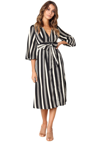 Black Gap Striped V Neck Midi Shirt Dress