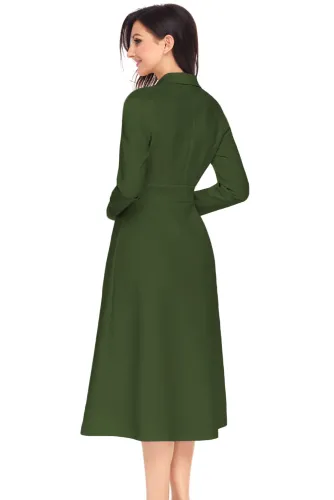 Army Green Vintage Button Collared Fit-and-flare Dress