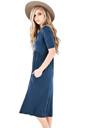 Blue Half Sleeve Jersey Knit Midi Dress