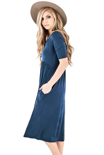 Blue Half Sleeve Jersey Knit Midi Dress