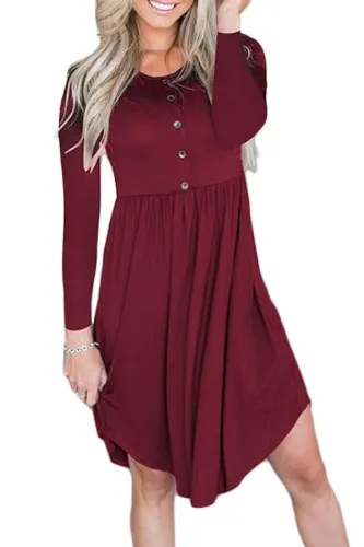 Red Long Sleeve Button Ruffled Irregular Hem Swing Dress