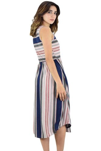 Pink Blue Striped Sleeveless Midi Dress
