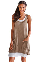 Taupe Lace-Up Pockets Sleeveless Shirt Dress