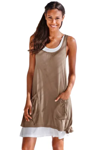 Taupe Lace-Up Pockets Sleeveless Shirt Dress