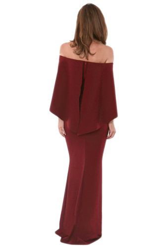 Burgundy Off Shoulder Poncho Gown Mermaid Dress