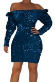 Blue Sequin Off Shoulder Club Dress