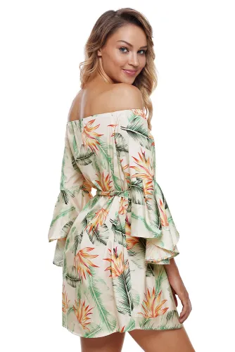 Tropical Leaf and Flower Print Off Shoulder Dress
