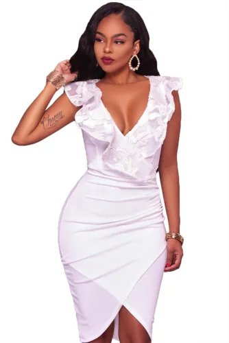 White Ruffle V Neck Detail Midi Dress
