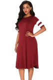 Striped Half Sleeves O Neck Flowy Jersey Dress in Red
