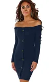Navy Button Front Ribbed Bardot Mini Dress