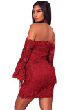 Purplish Red Crochet Overlay Off The Shoulder Fitted Mini Dress