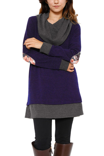 Indigo Gray Elbow Patch Cowl Neck Tunic Dress