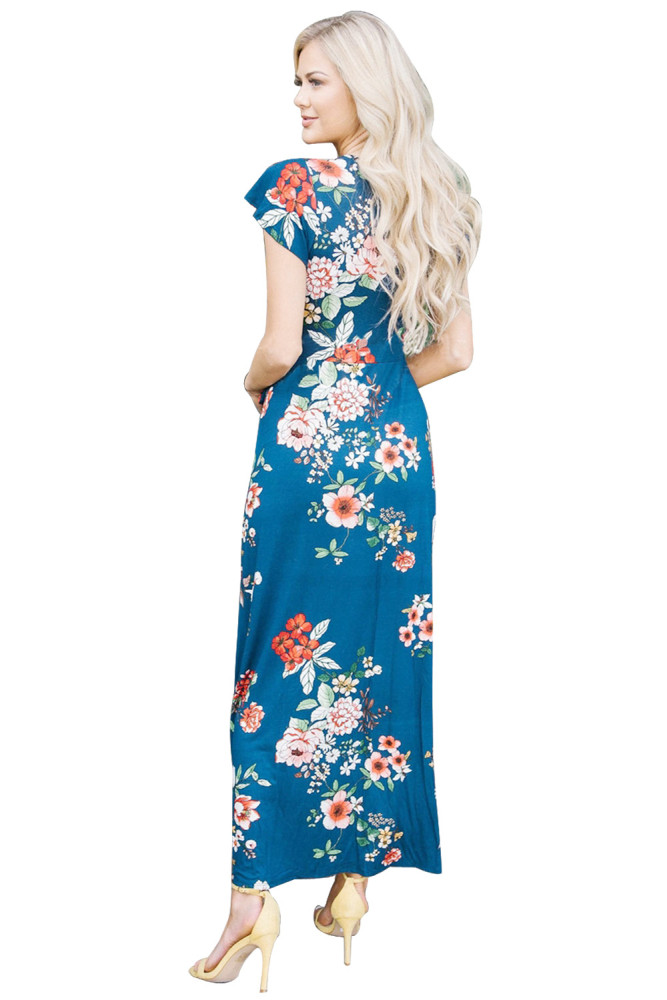 Navy Blue Floral Print Cap Sleeve Maxi Dress