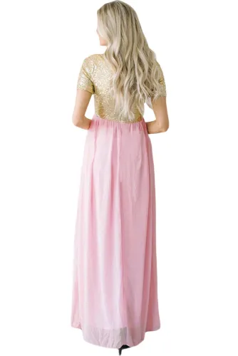 Gold Chiffon Sequin Zipper Back Maxi Dress