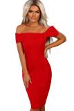 Red Bow Detail Bardot Bodycon Midi Dress