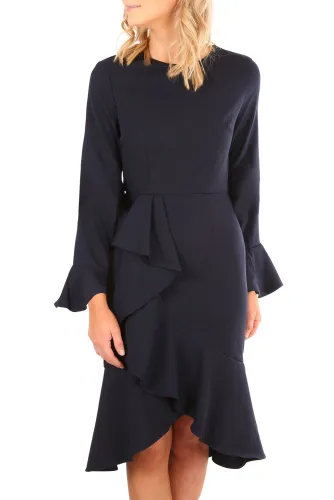 Navy Delicate Ruffle Accent Bell Sleeve Midi Dress