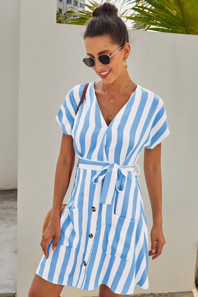 Sky Blue Fashion Stripe Short Sleeve Casual Dress