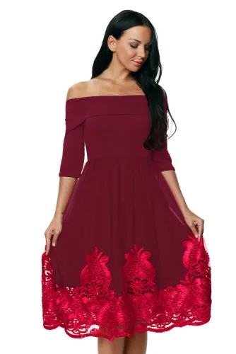 Burgundy Lacy Embroidery Tulle Skirt Skater Dress