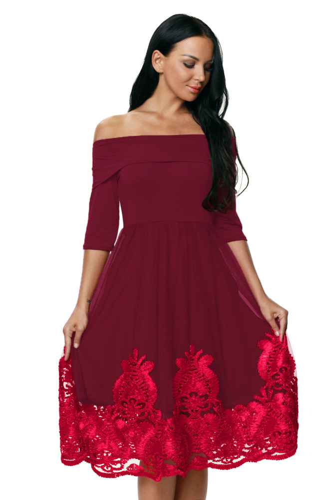 Burgundy Lacy Embroidery Tulle Skirt Skater Dress