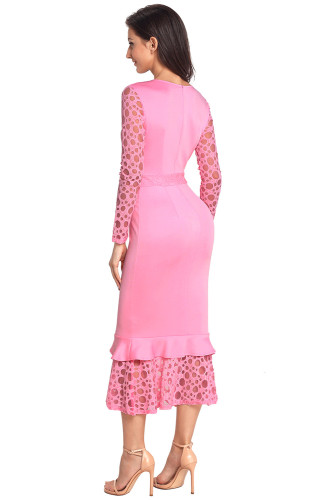 Pink Hollow-out Long Sleeve Lace Ruffle Bodycon Midi Dress