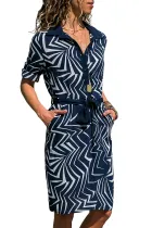 Navy Individual Zigzag Print Button V Neck Shirt Dress