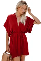 Red V Neck Tie Waist Mini Skater T Shirt Dress