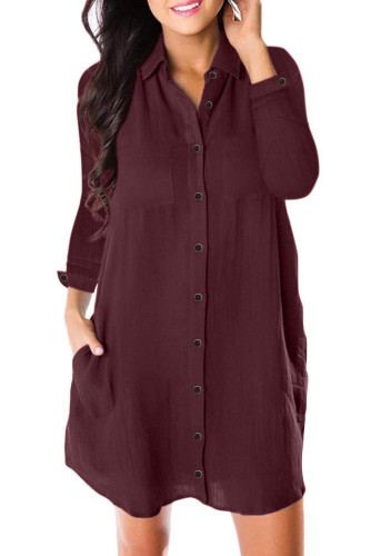 Burgundy Long Sleeve Buttoned Crepe Shirt Dress
