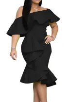 Black Stylish Off The Shoulder Ruffle Design Knee Length Dress