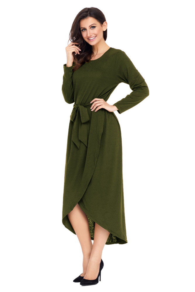 Olive Tulip Faux Wrap Sash Tie Jersey Dress